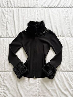 Fox fur trim ribbed cardigan